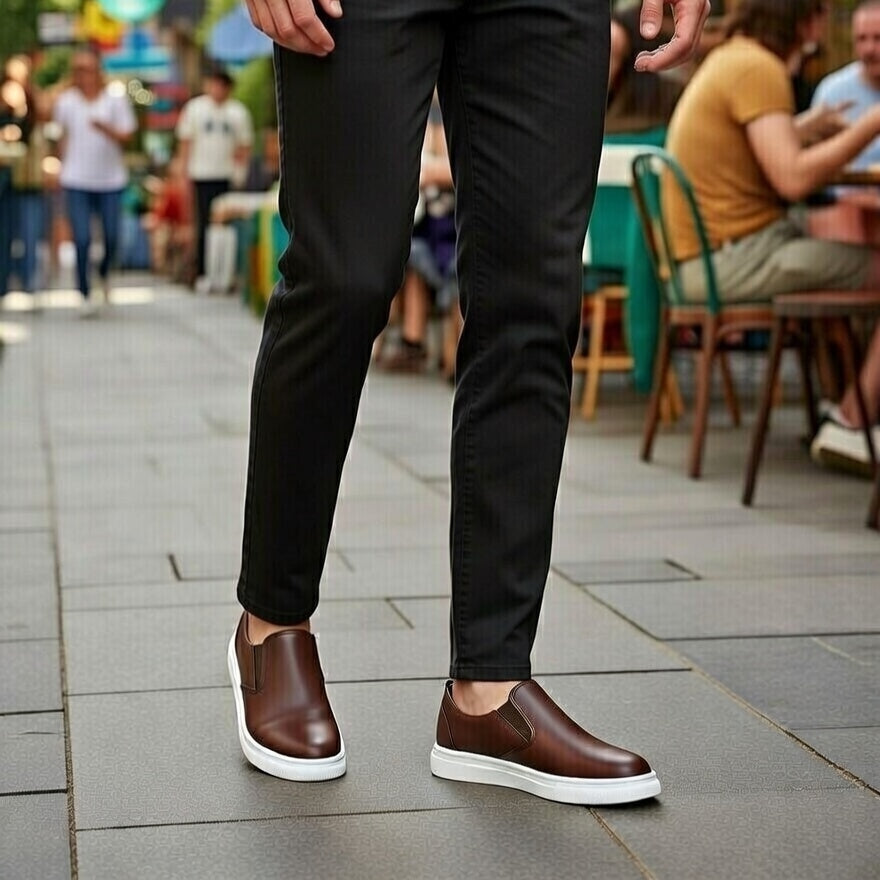 Sneakers Marron En Cuir Grainé, Confort Premium