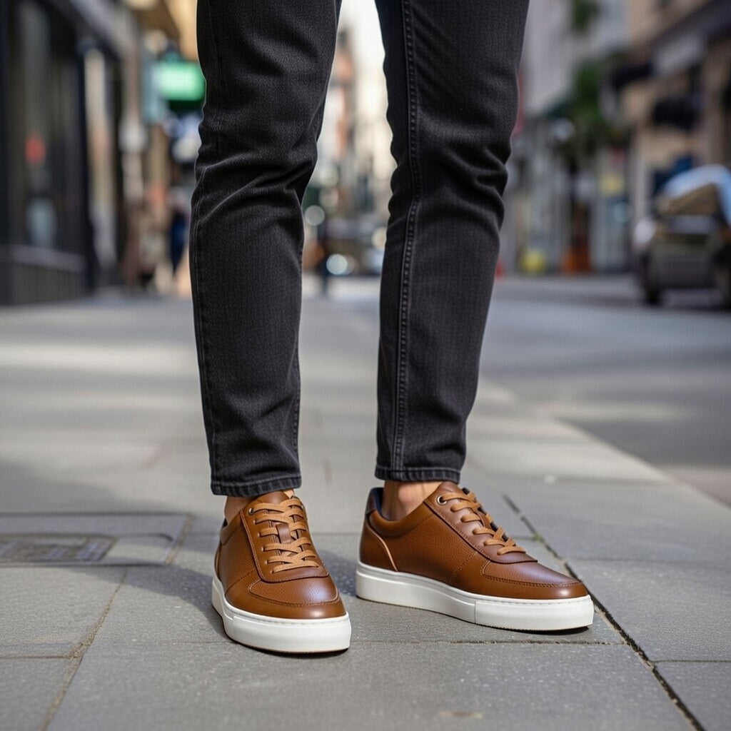 Sneakers Marron En Cuir Grainé, Confort Premium