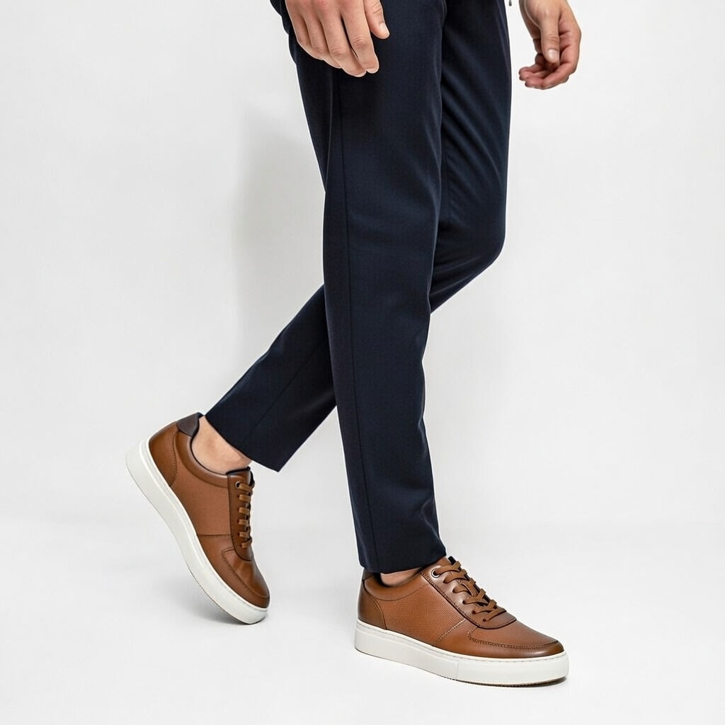 Sneakers Marron En Cuir Grainé, Confort Premium