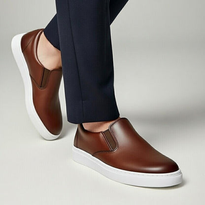 Sneakers Marron En Cuir Grainé, Confort Premium