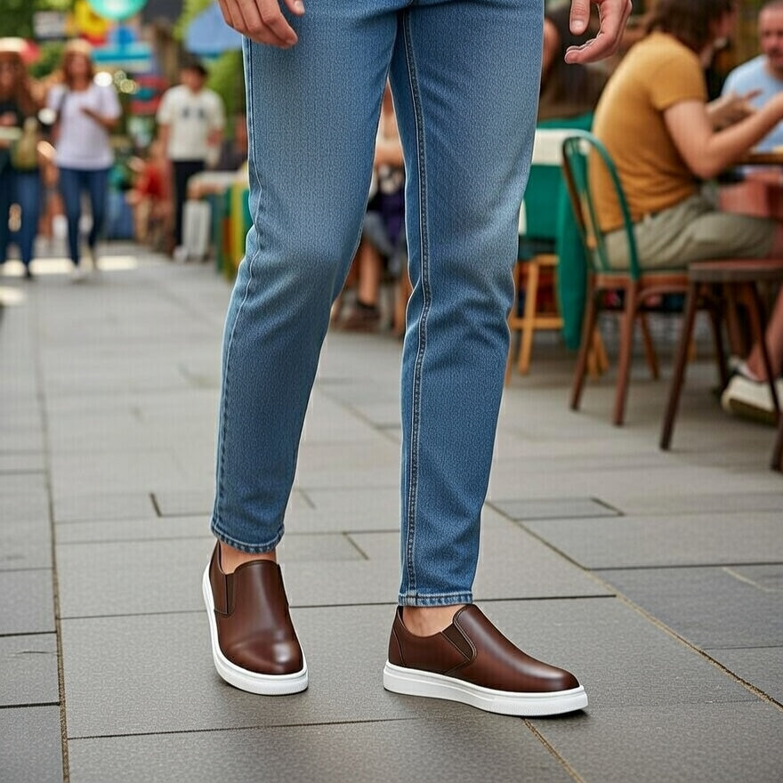 Sneakers Marron En Cuir Grainé, Confort Premium