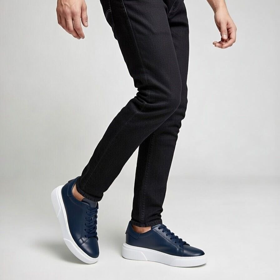 Sneakers  Bleu Marine En Cuir Grainé, Confort Premium