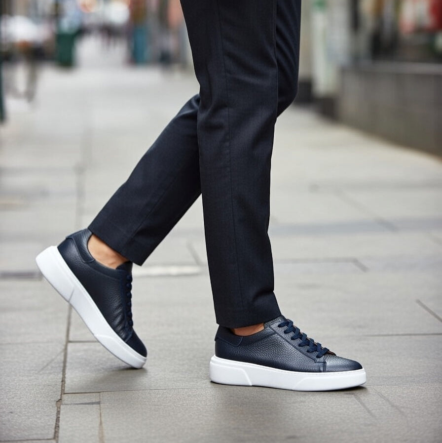 Sneakers  Bleu Marine En Cuir Grainé, Confort Premium