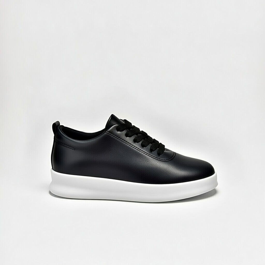 Sneakers Noir En Cuir Grainé, Confort Premium