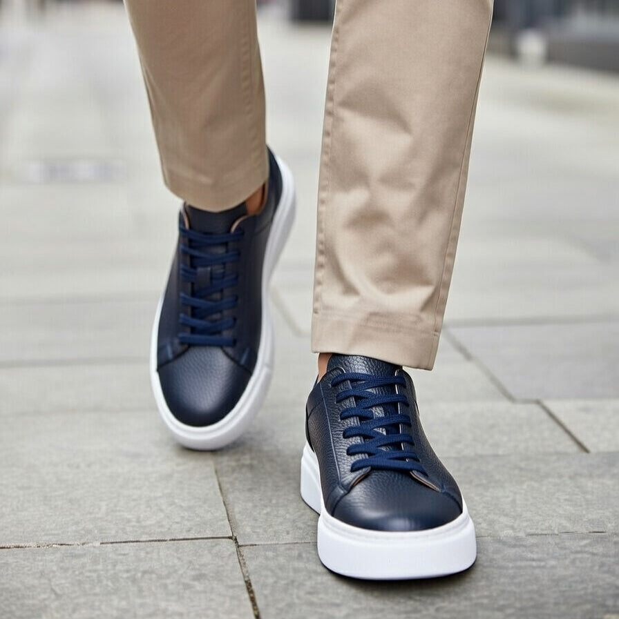 Sneakers  Bleu Marine En Cuir Grainé, Confort Premium